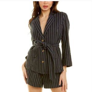 New DANNIJO Striped Pinstripe Belted Blazer in Navy